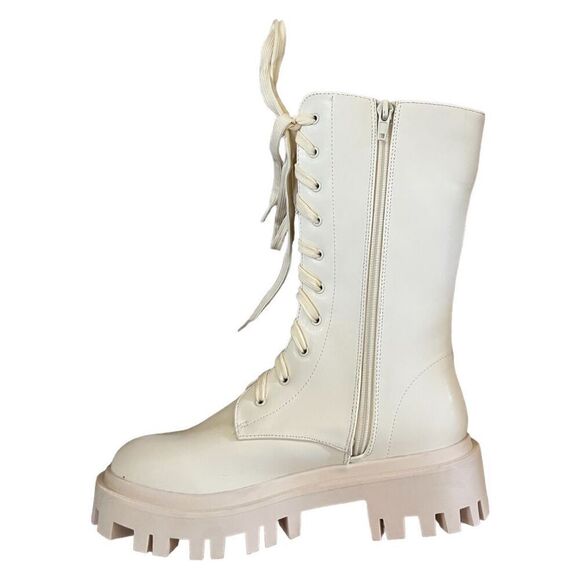 NWT Public Desire Ecru Beau Combat Boots Vegan Leather Treaded Soles Womens 6 - Picture 2 of 10